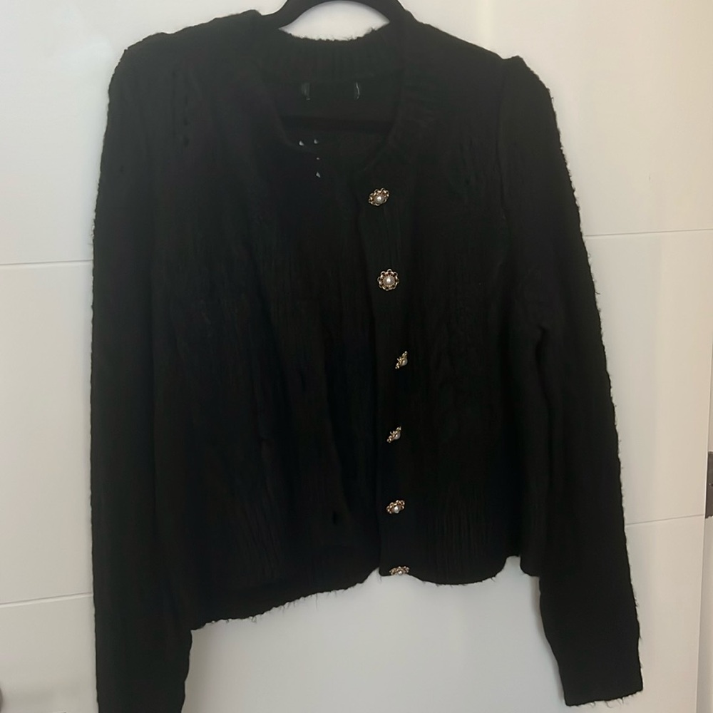 Black Cardigan with Gold & Pearl Buttons